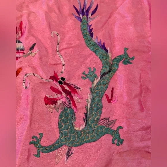 RARE Child Shanghai Embroidered Robe Cape Vintage Satin Dragon Fur Trim Pink - Picture 6 of 16